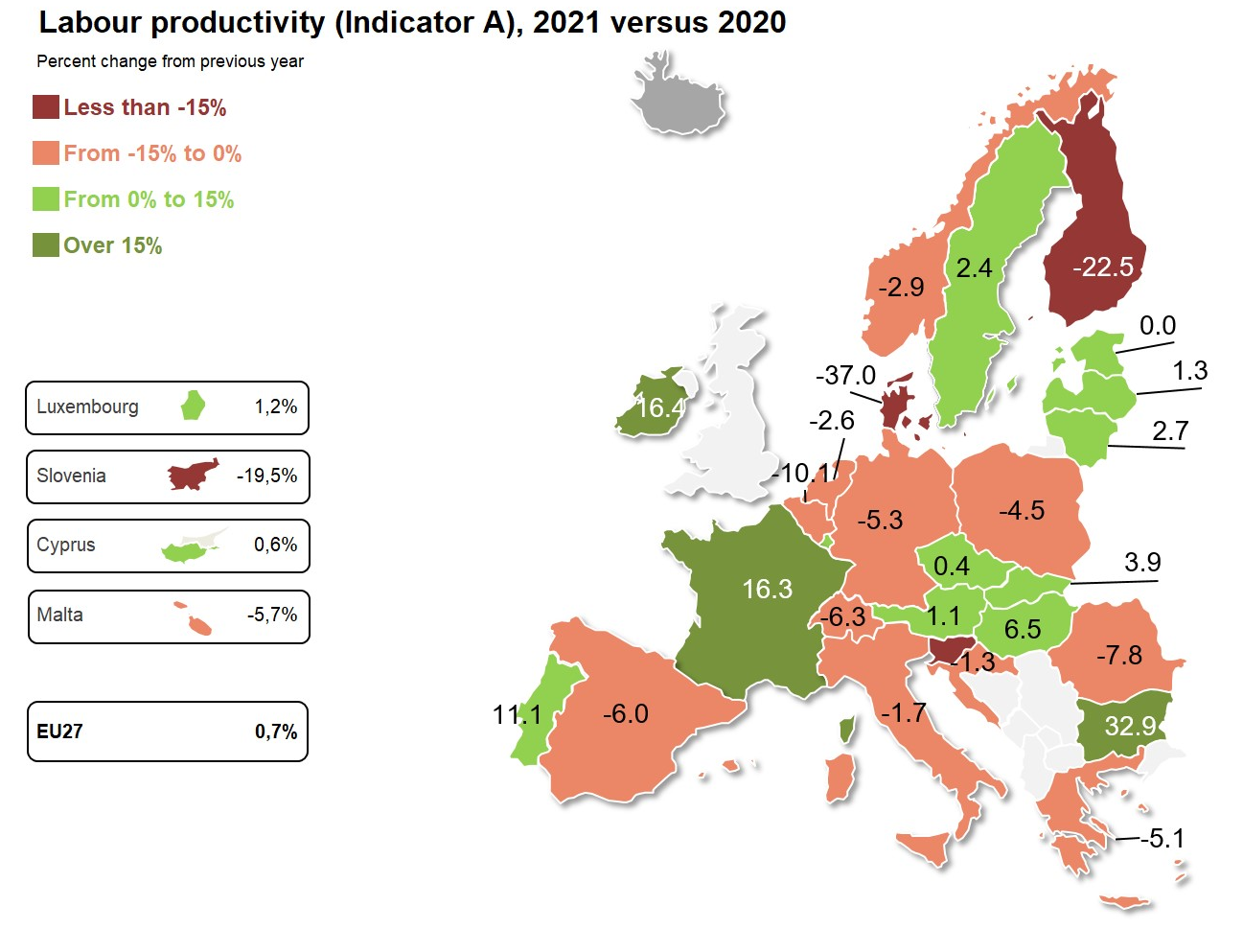Labour productivity: click to enlarge map Map: Labour productivity (Indicator A), 2021 versus 2020, percentage change from previousyear